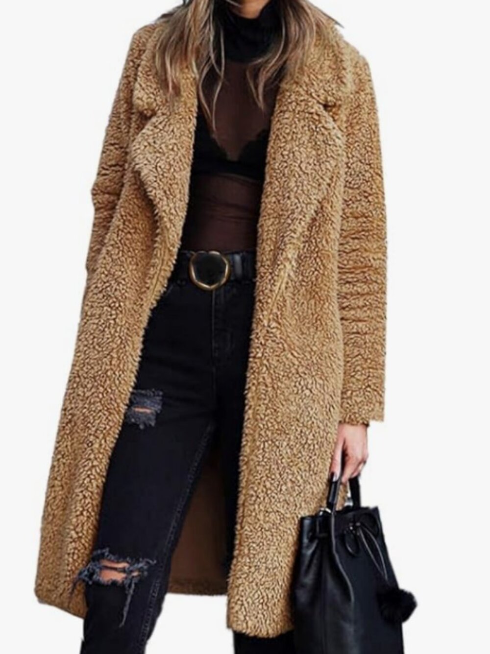 Angashion Cozy Women's Fuzzy Fleece Lapel Open Front Coat; NWT; Size XL; Camel